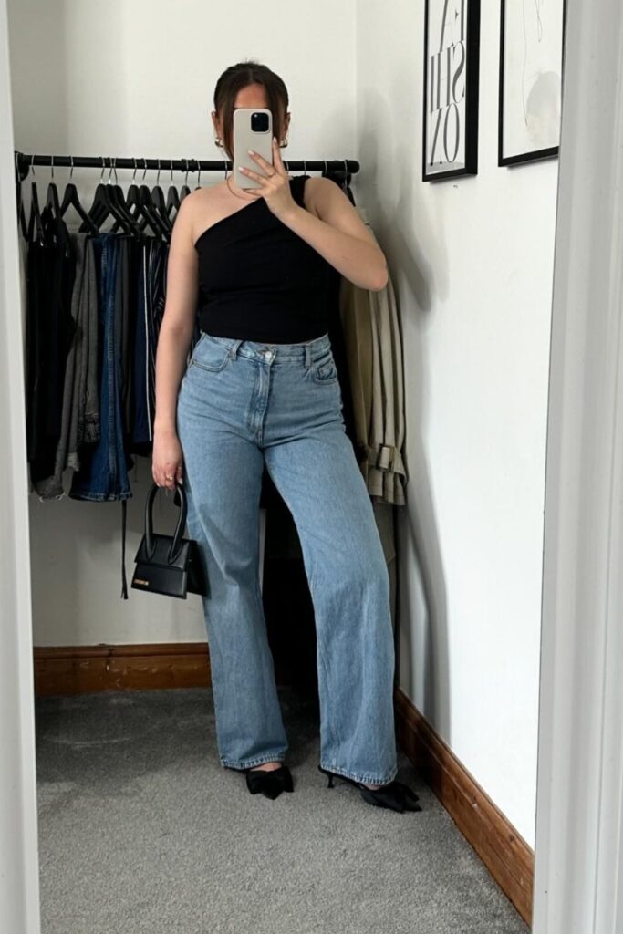 Jeans and Heels Outfit: Black One Shoulder Top, Jeans & Black Heels