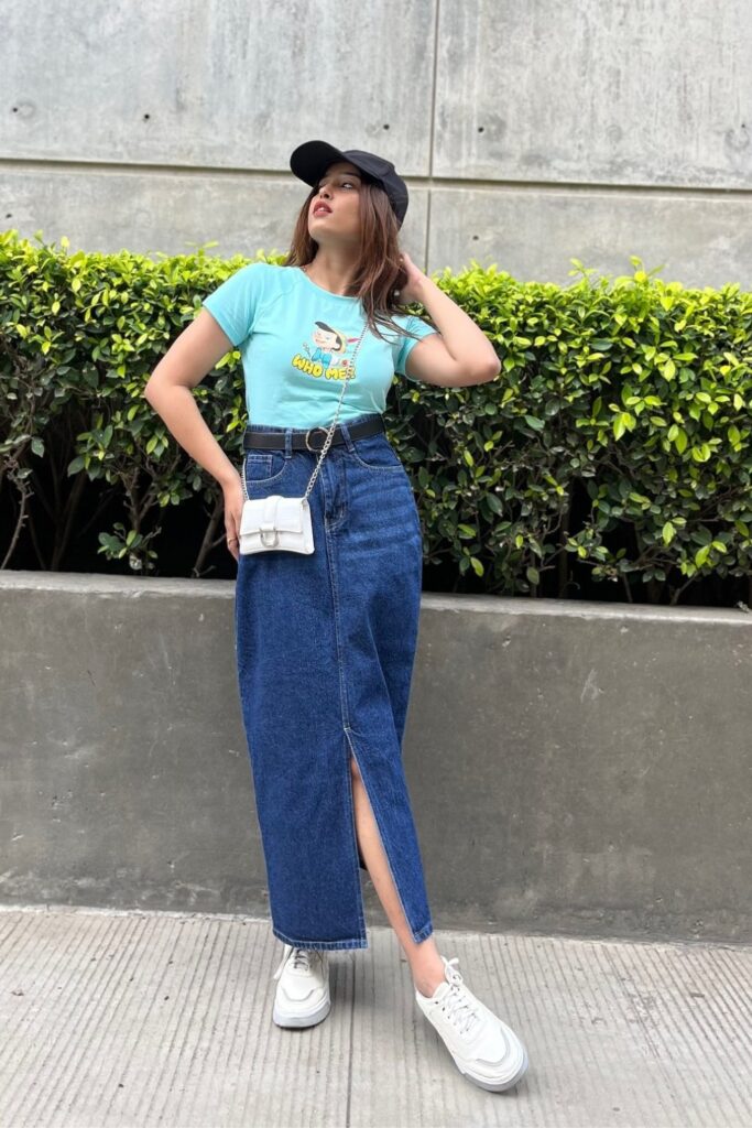 Black Cap + Baby Blue Tee + Dark Denim Skirt