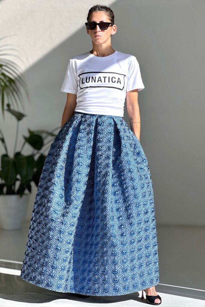 Tee + Pleated Long Skirt with Pattern Print