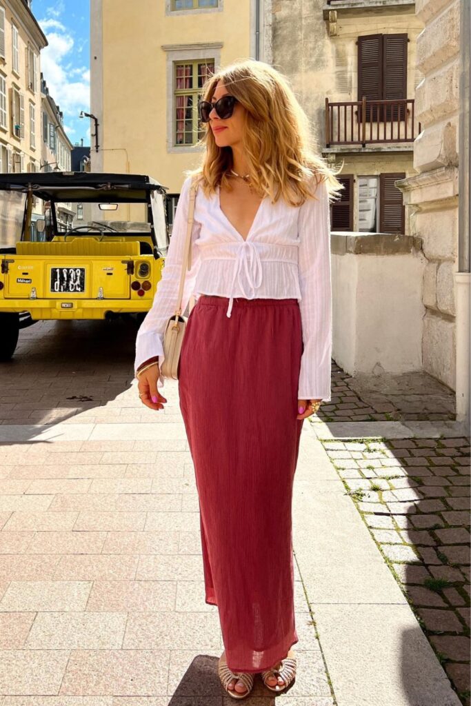 White Long Sleeve Blouse + Red Long Skirt