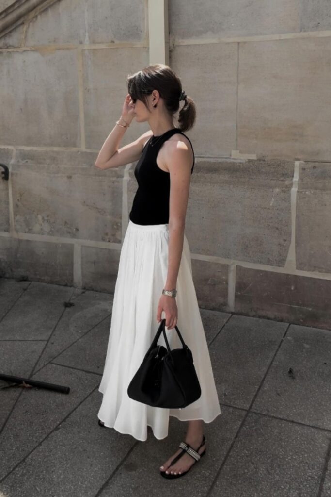 Black Tank Top + White Flowy Skirt