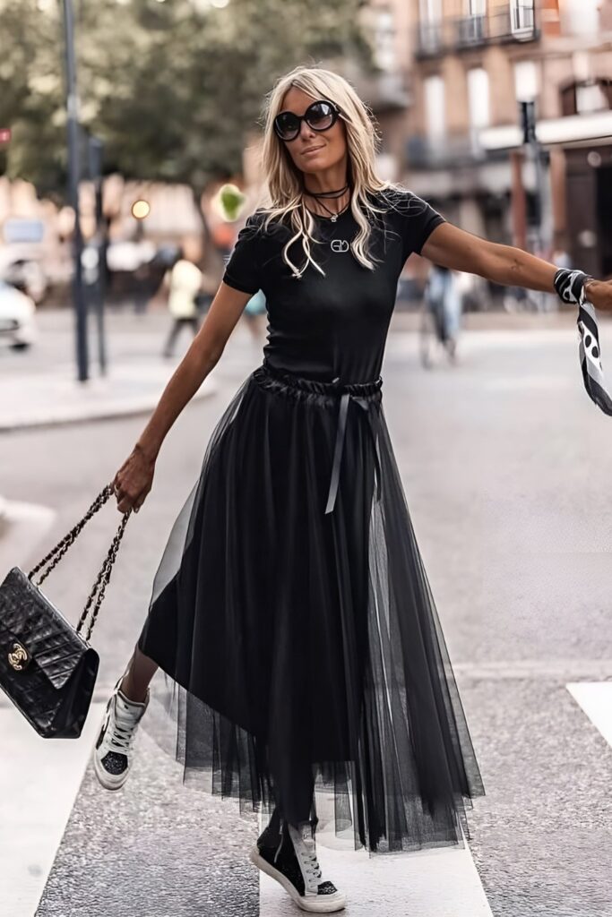 Black Tulle Long Maxi Skirt + Black Top