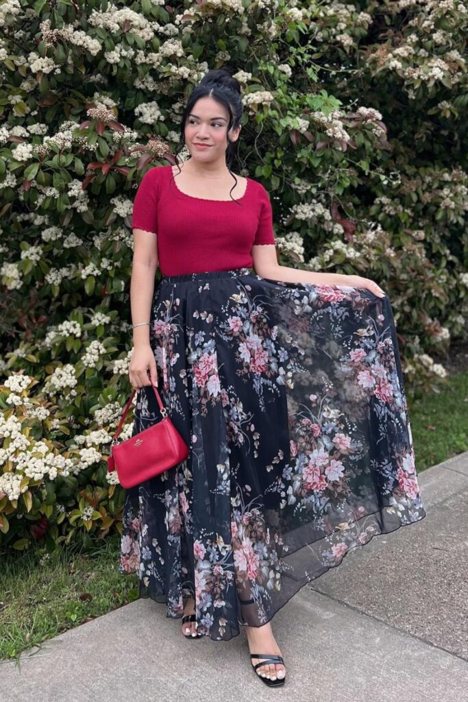 Red T-shirt + Floral Long Skirt