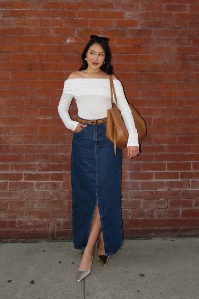 White Off-the-Shoulder Top + Dark Denim Skirt