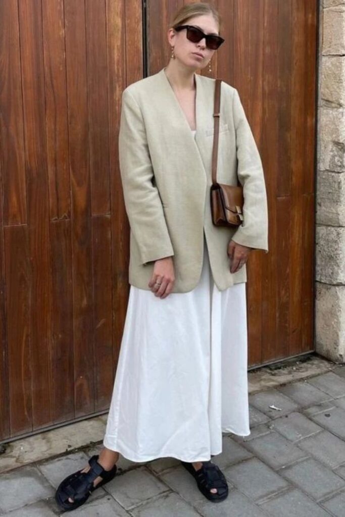 Beige Blazer over a White Skirt