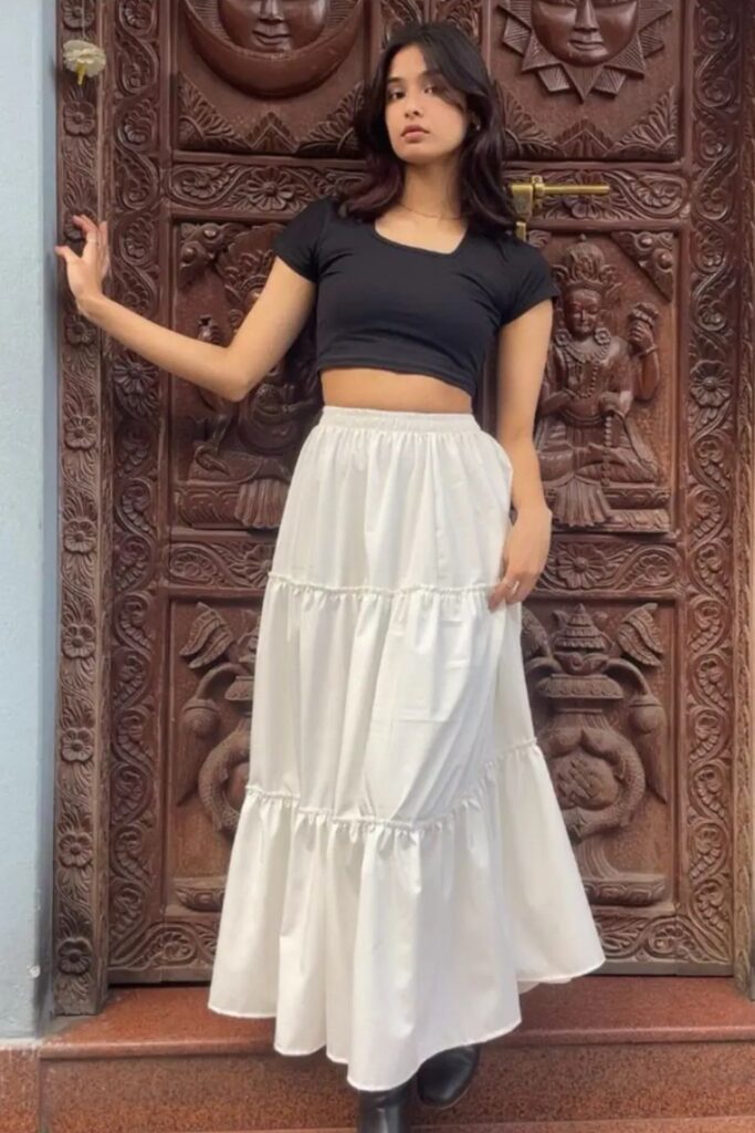 Black T-shirt + White Long Denim Skirt