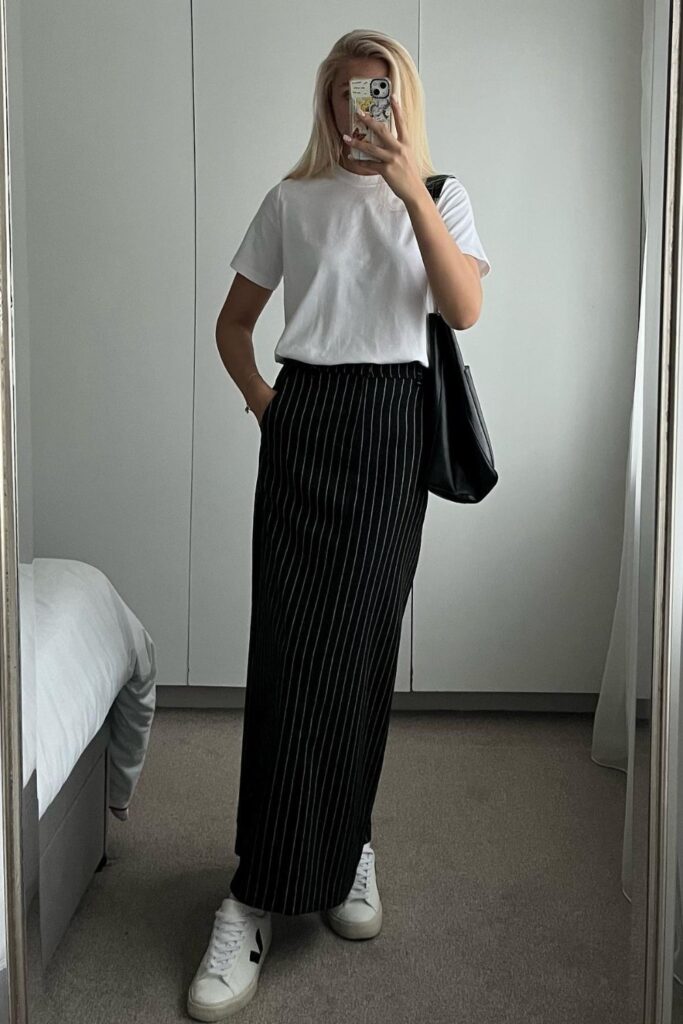 White T-shirt + Long Pinstripe Skirt