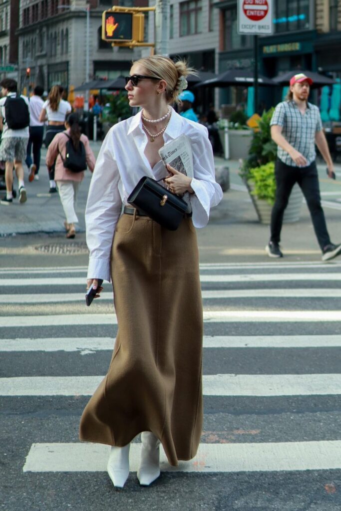 White Button-Up Shirt + Silk Skirt