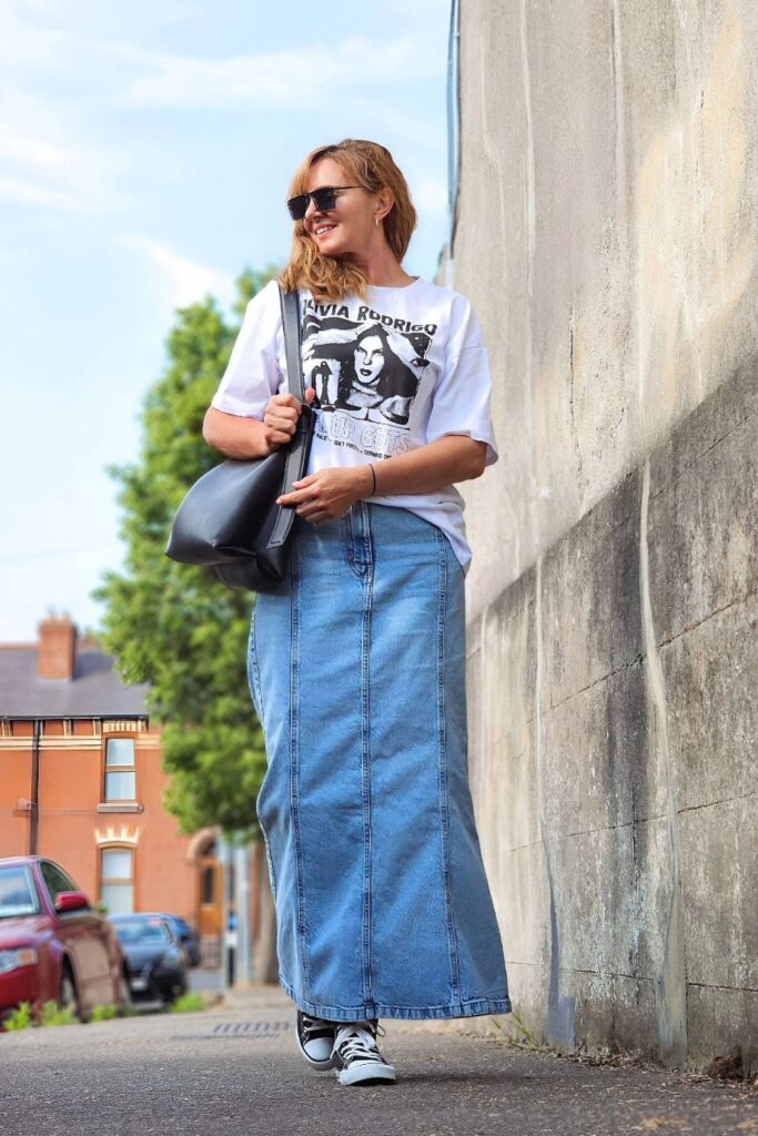 White Graphic T-shirt + Long Denim Skirt