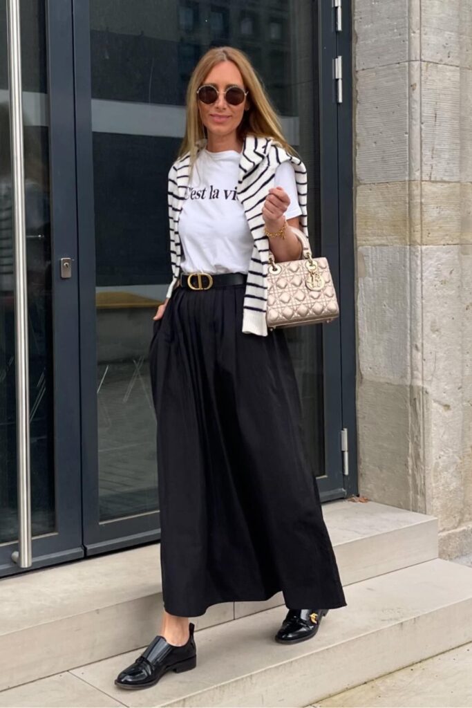 White T-shirt + Black Long Skirt