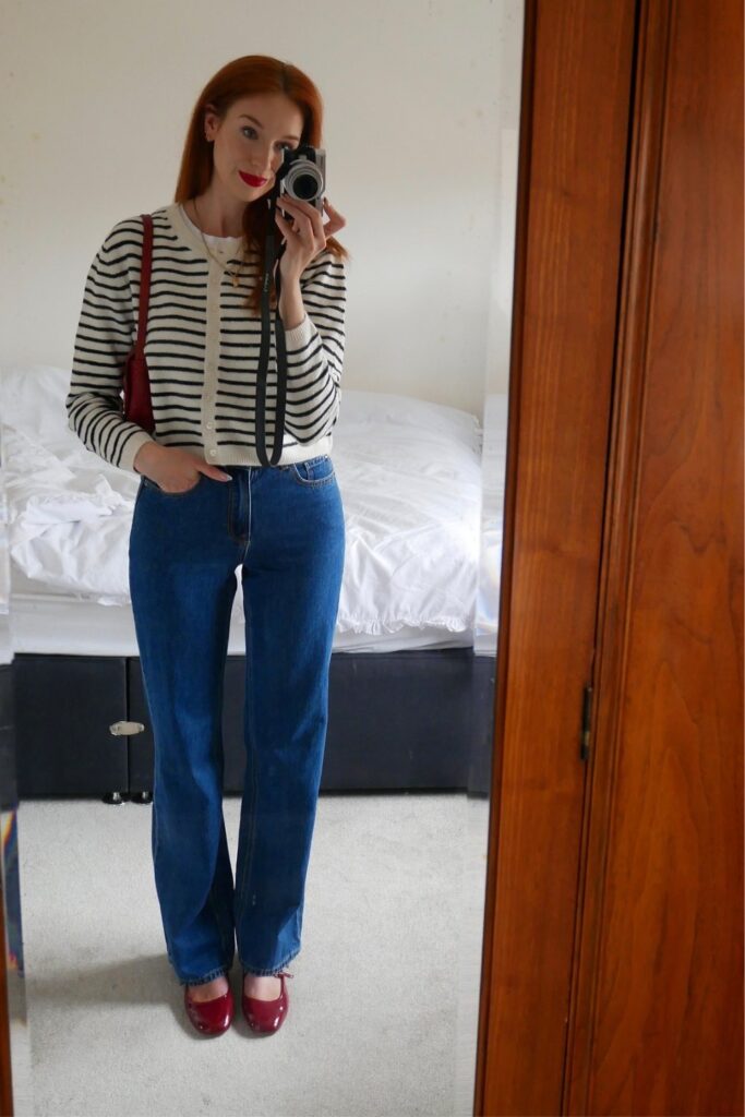 Striped Cardigan and High-Waisted Blue Jeans