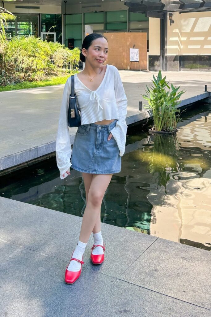 White Cropped Tie-Front Blouse and Denim Mini Skirt