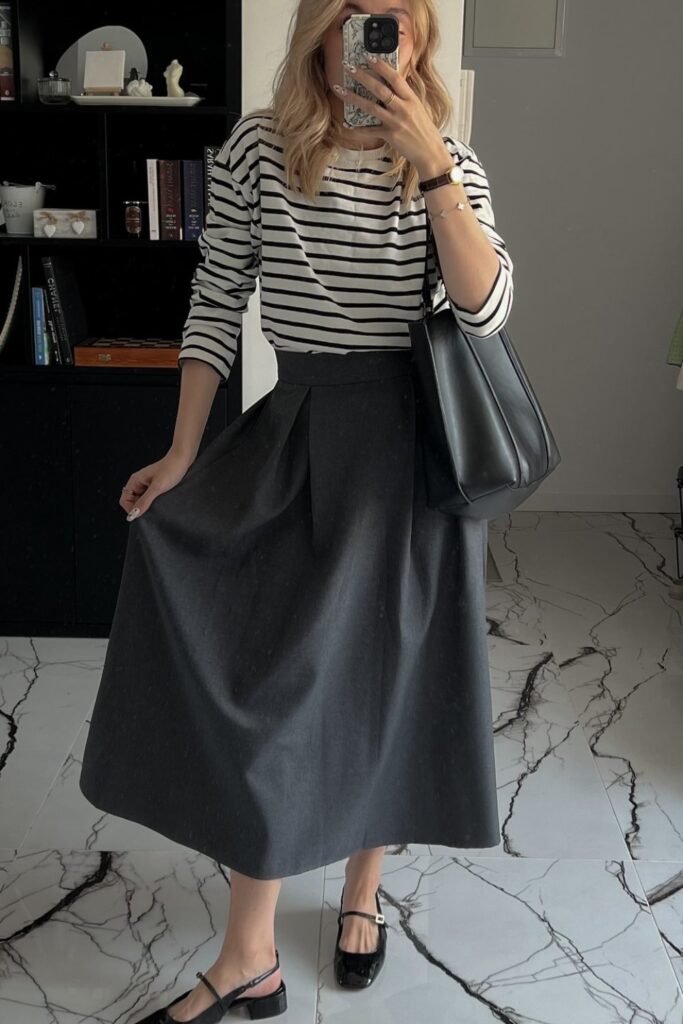 Striped Long-Sleeve Top and Gray Midi Skirt