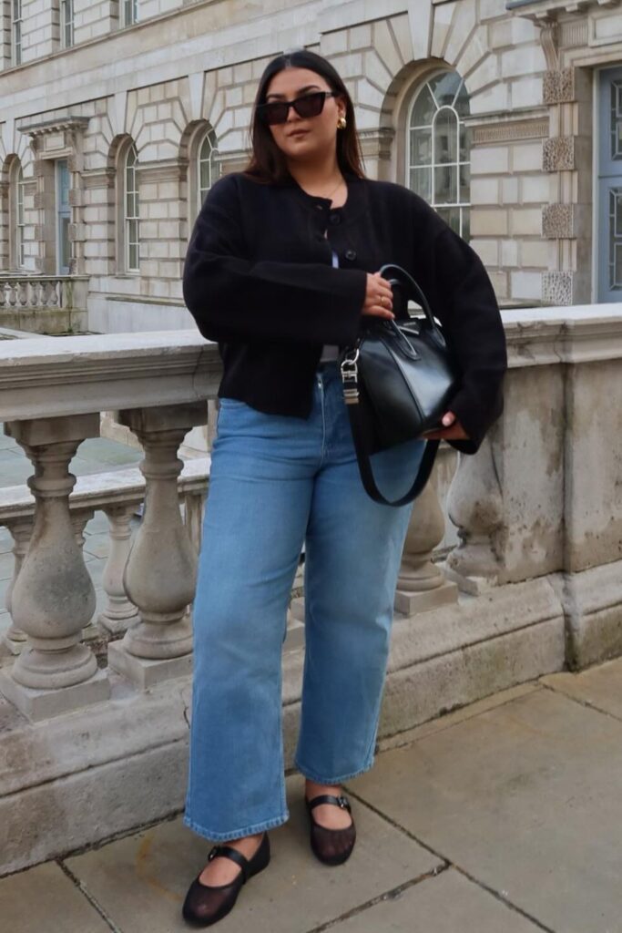 Cropped Black Jacket and Wide-Leg Jeans