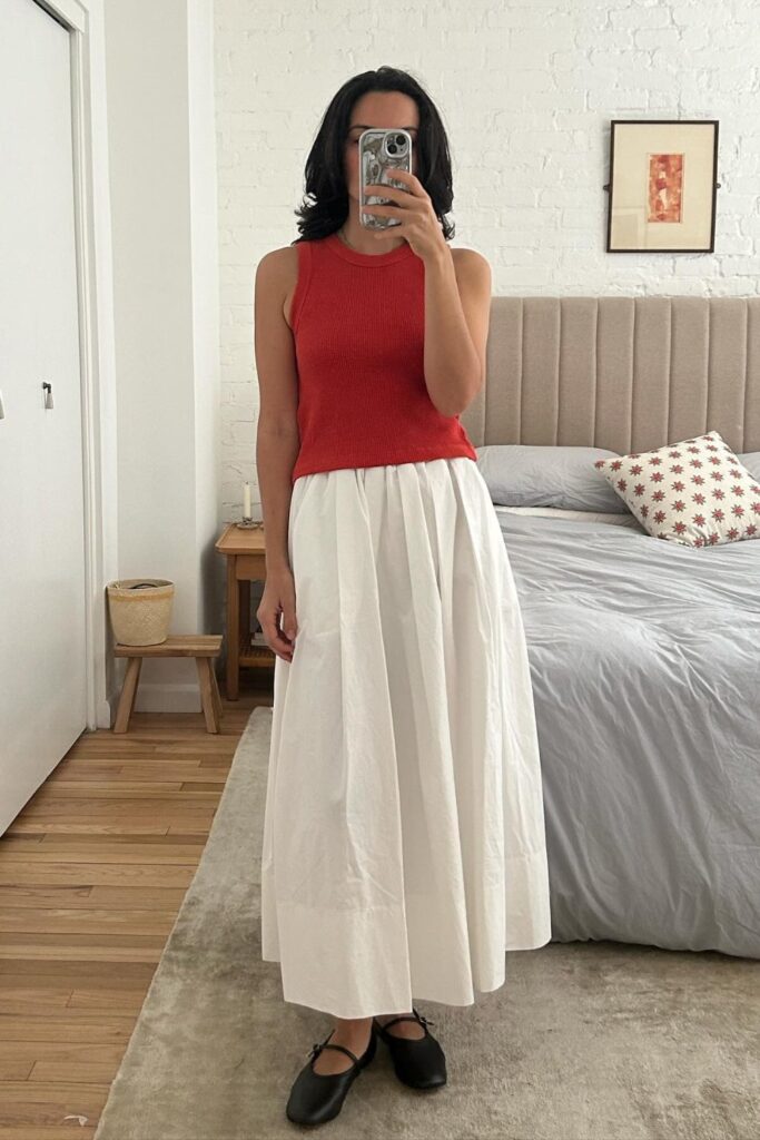 Sleeveless Red Top and Voluminous White Maxi Skirt