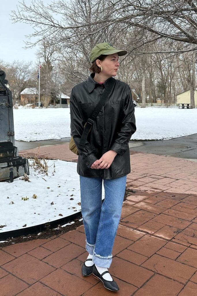 Black Leather Jacket and Straight-Leg Jeans