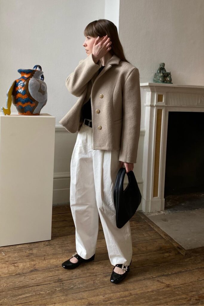 Beige Short Jacket and Wide-Leg White Trousers