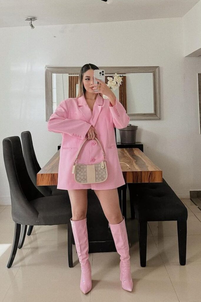 Night Out Outfits: Pink Oversized Coat and High Boots