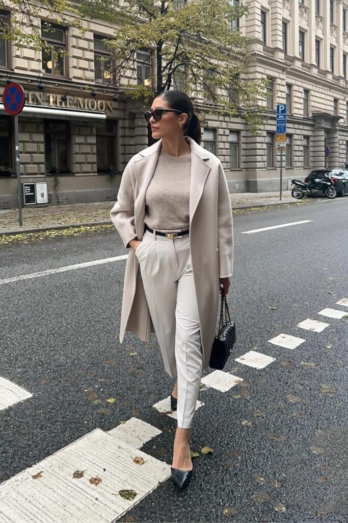 Old Money Aesthetic Outfits: Long Wool Coat with White Trousers