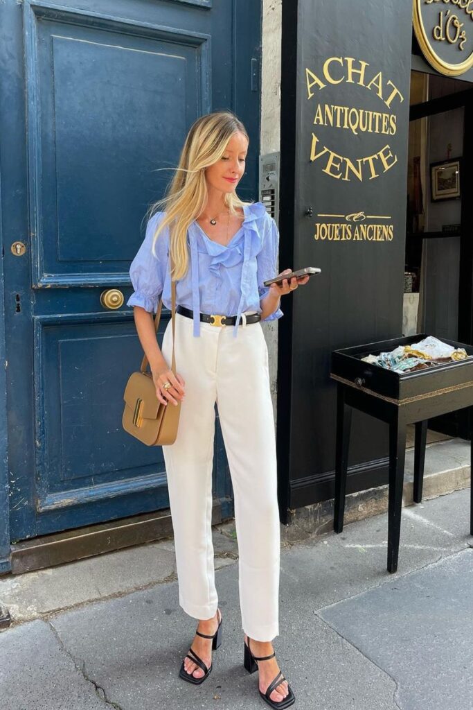 Old Money Aesthetic Outfits: Blue Ruffle Blouse with White Jeans