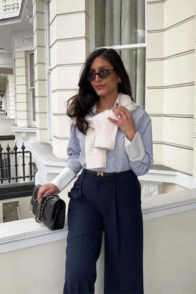 Old Money Aesthetic Outfits: Blue Striped Shirt with Navy Blue Pants