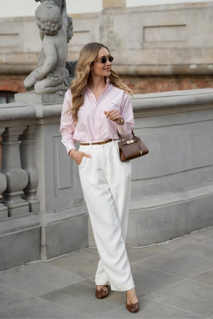 Old Money Aesthetic Outfits: Pink Button-Up Shirt with White Dress Pants