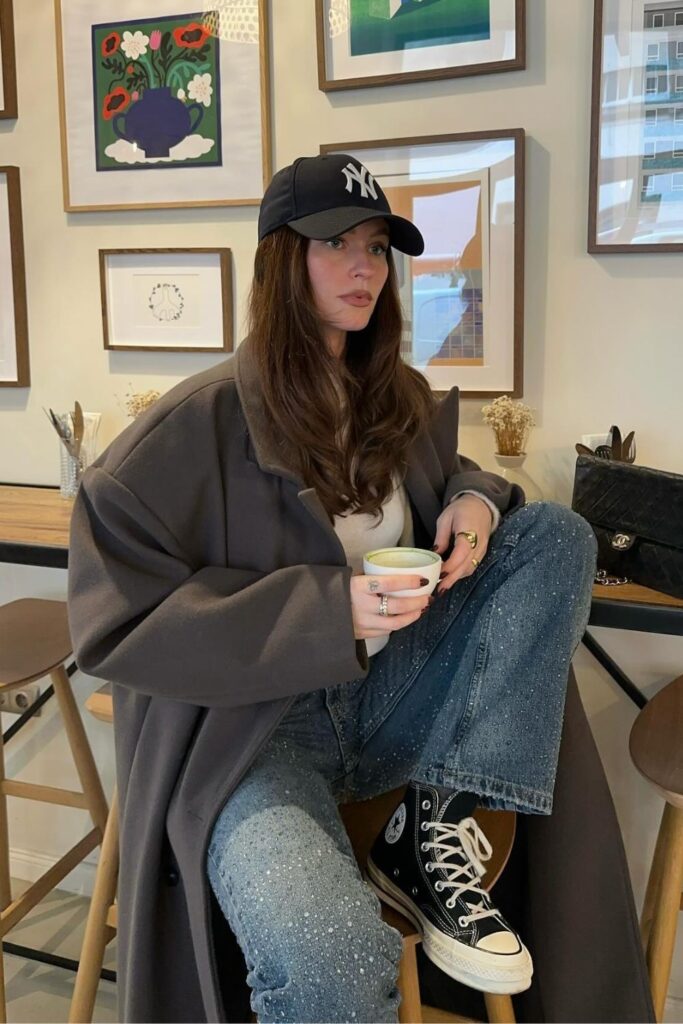 Old Money Aesthetic Outfits: Long Gray Coat with Jeans