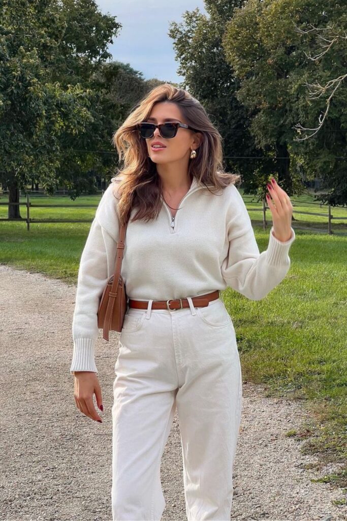 Old Money Aesthetic Outfits: Quarter Zip with White Jeans