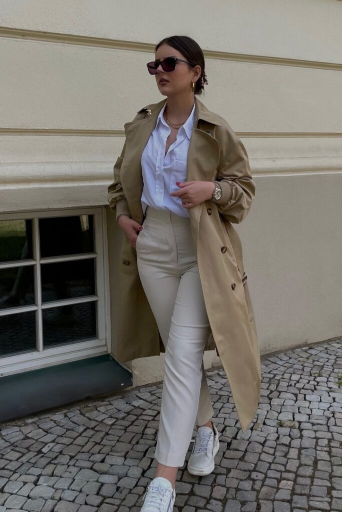 Old Money Aesthetic Outfits: Trench Coat with White Pants