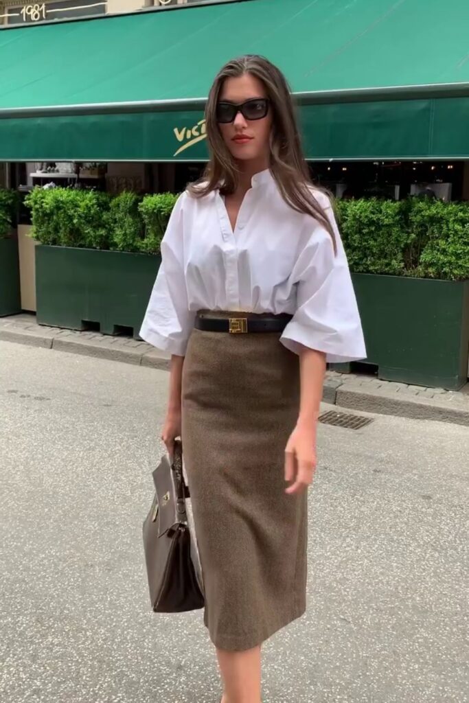 Old Money Aesthetic Outfits: Brown Long Skirt with White Shirt