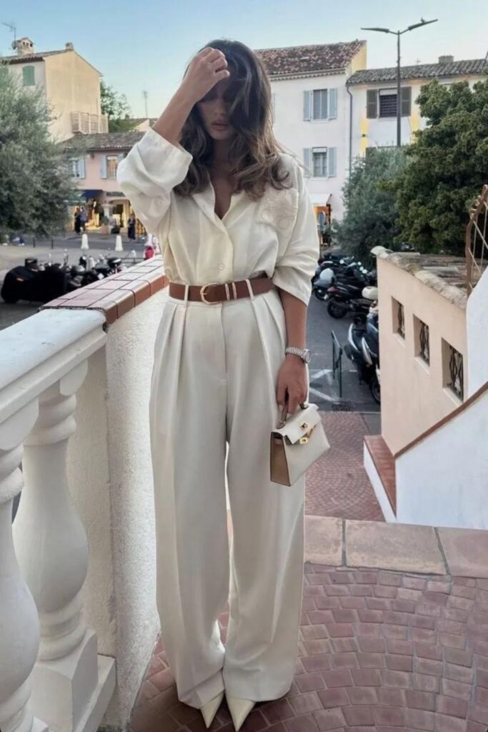 Old Money Aesthetic Outfits: All White Set with Brown Belt