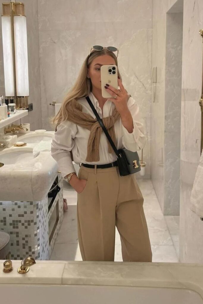 Old Money Aesthetic Outfits: White Shirt with Khaki Pants and Sweater