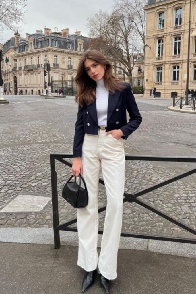 Old Money Aesthetic Outfits: High-Neck Top with Crop Blazer and Jeans Combo