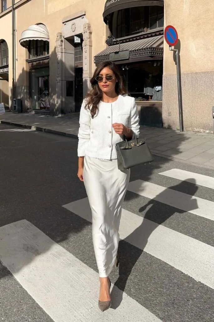 Old Money Aesthetic Outfits: White Cardigan with Flowing White Long Skirt