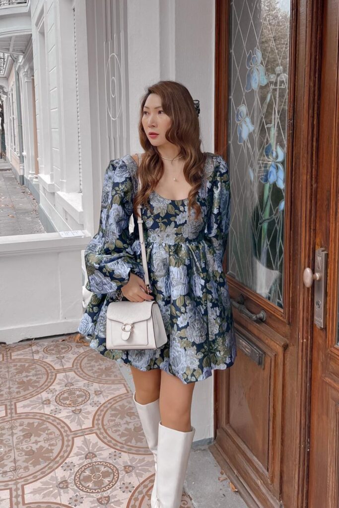 Old Money Aesthetic Outfits: Floral Dress with White Tall Boots