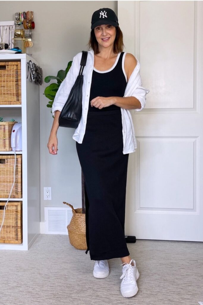 Black Maxi Dress and Baseball Cap Look