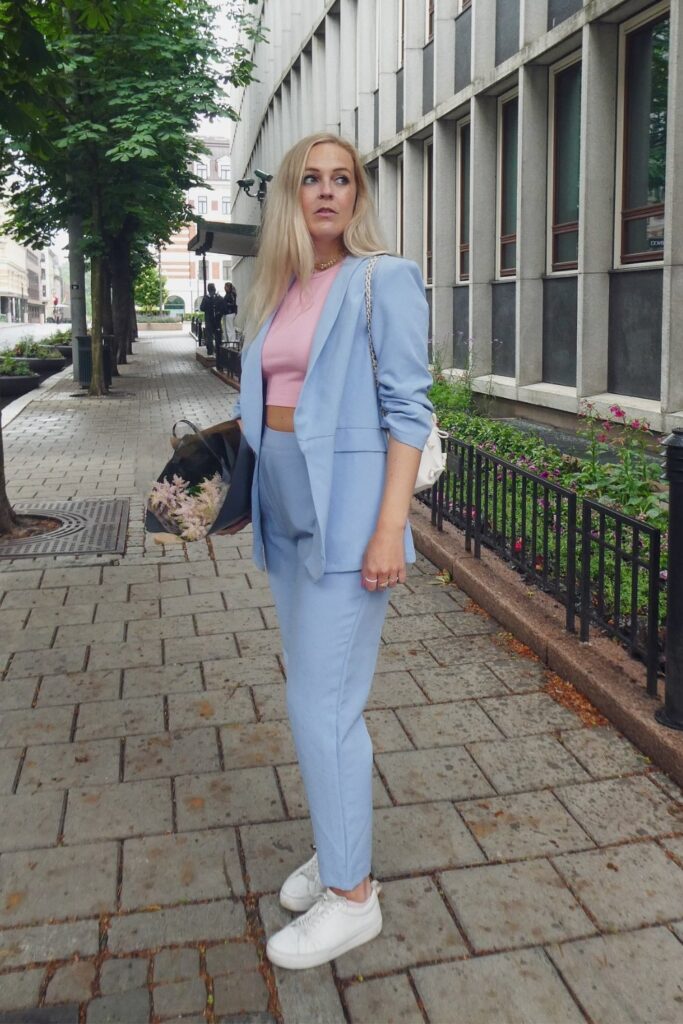 Blazer, Cropped Top, and Trousers