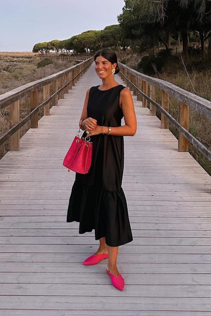 Black Maxi Dress + Pink Mules