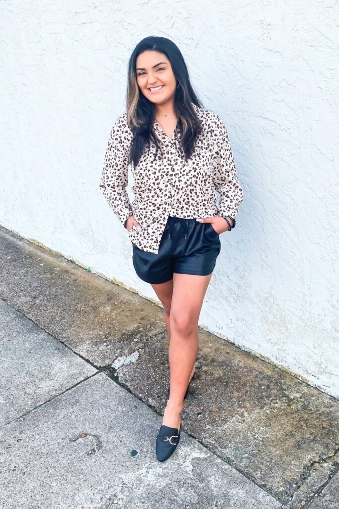 Leopard Print Blouse + Black Shorts + Mules