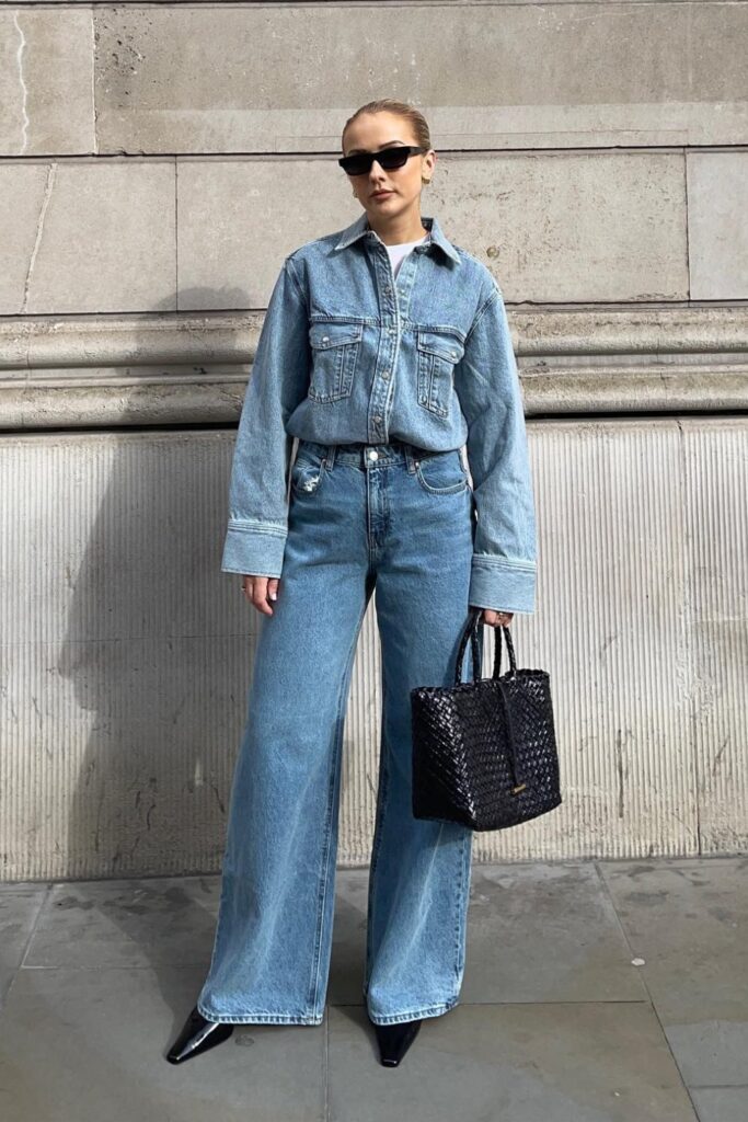 Denim Jacket + Wide-Leg Jeans + Heels