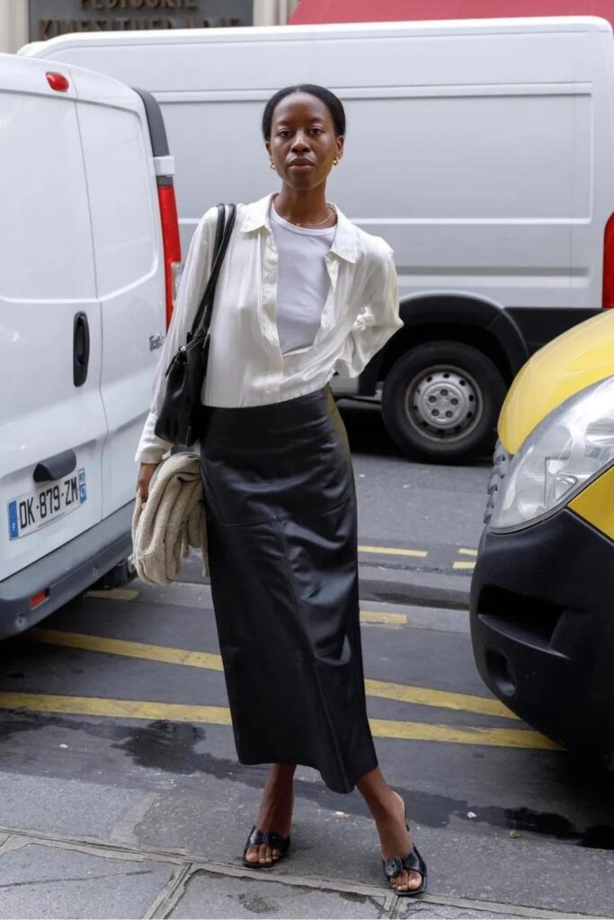 Black Leather Skirt + White Top + Shirt