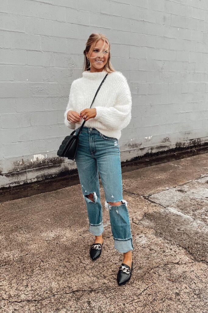 Fluffy Sweater + Distressed Jeans + Mules