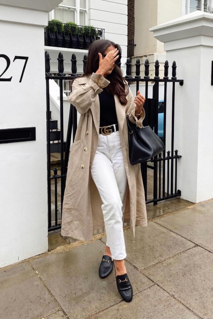 Beige Trench Coat + White Jeans + Mules