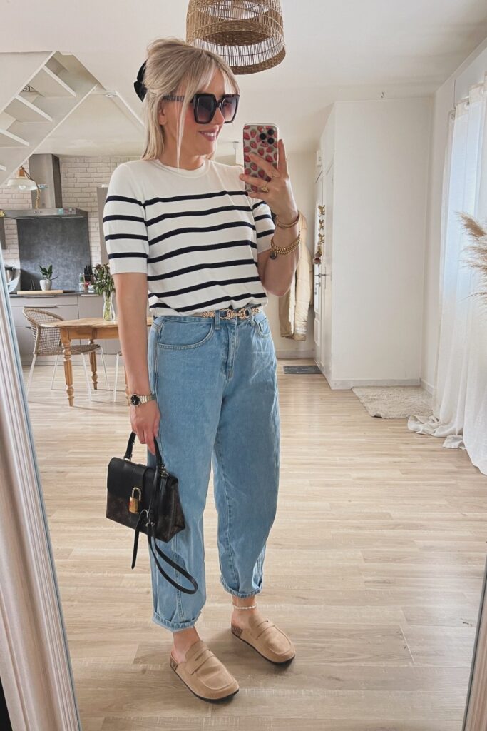 Striped Top + High-Waisted Jeans + Mules