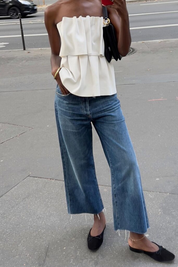 Strapless Top + Wide-Leg Jeans + Mules