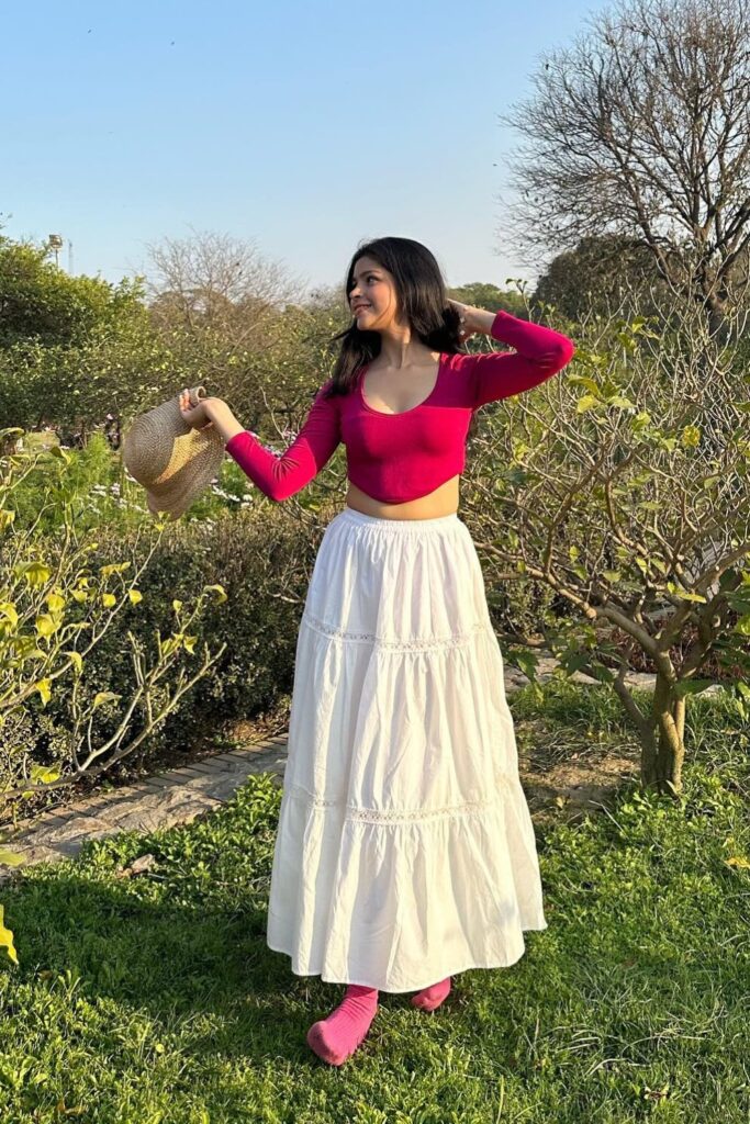 Red Crop Top and White Maxi Skirt