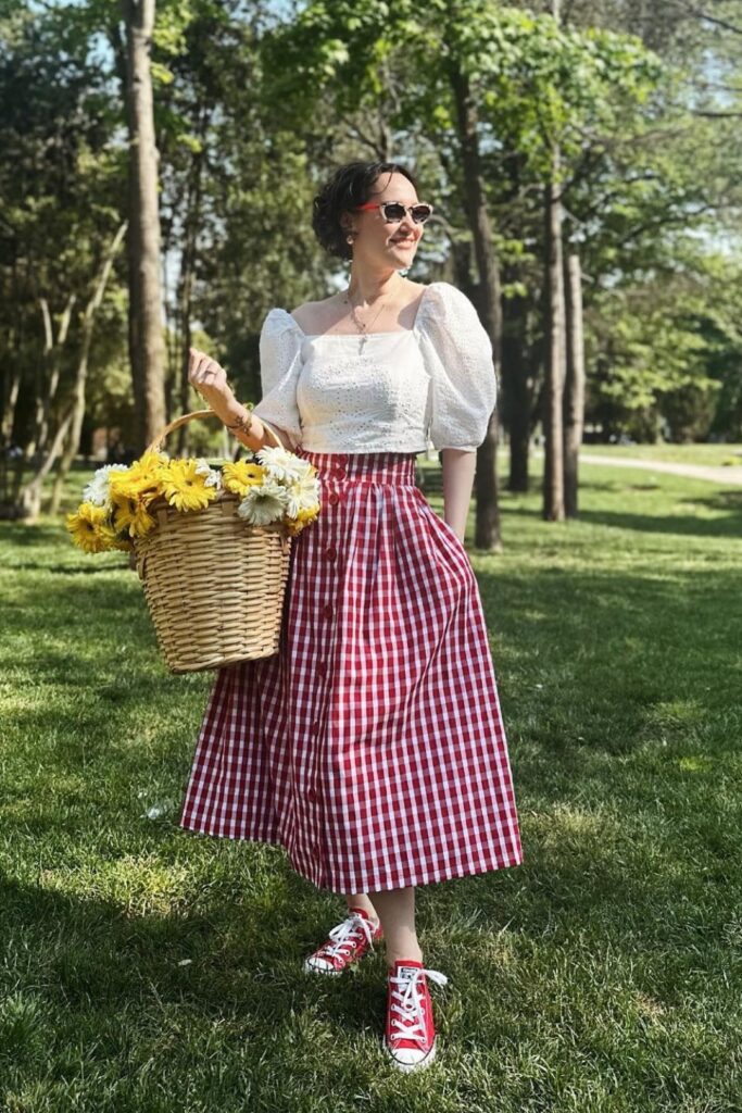 Puff Sleeve Blouse and Gingham Skirt