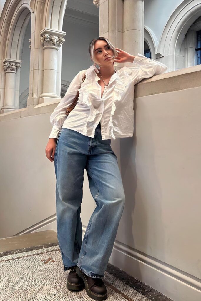 Ruffled Blouse and Chunky Boots