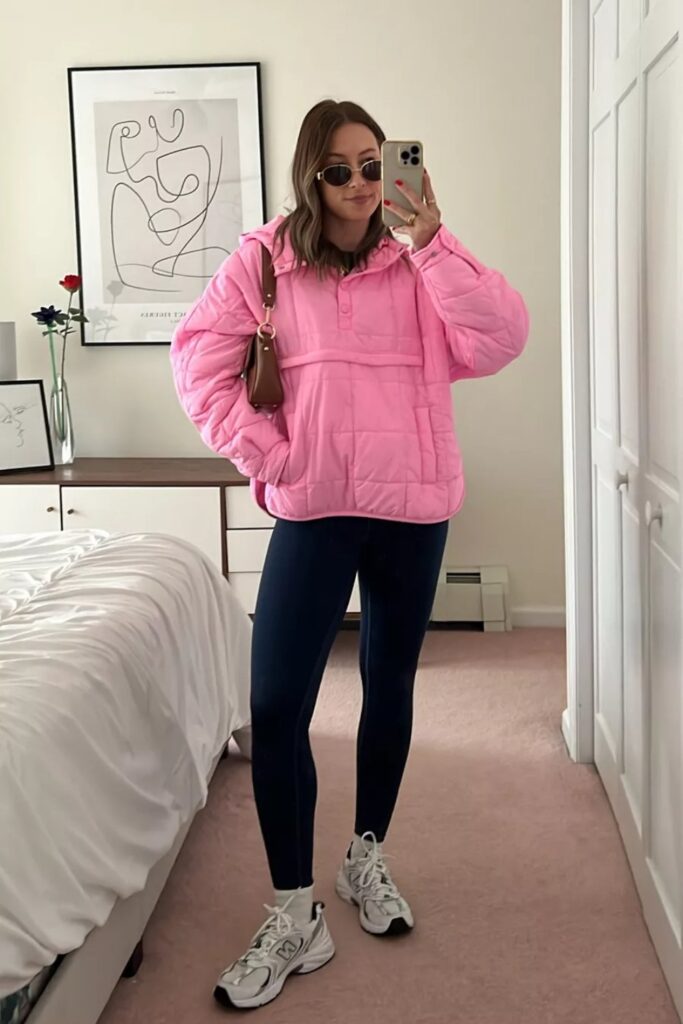 Pink Pullover Puffer and Navy Leggings