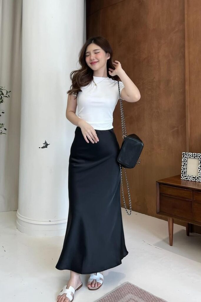 White T-Shirt and Black Maxi Skirt